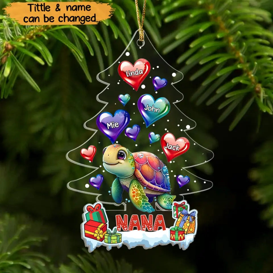 Personalized Turtle Grandma Hearts & Kid Names Christmas Tree Acrylic Ornament Printed PTN23815