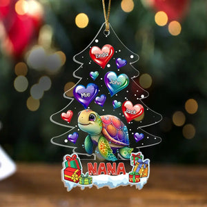 Personalized Turtle Grandma Hearts & Kid Names Christmas Tree Acrylic Ornament Printed PTN23815