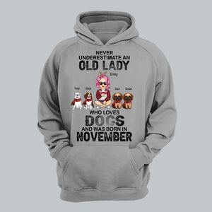 Personalized Never Underestimate An Old Lady Who Loves Dogs And Was Born In November Hoodie 2D Printed HN23926
