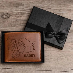 Personalized Hands Clenched Custom Father & Kid Names Gift for Dad Laser Leather Wallet QTKH231023