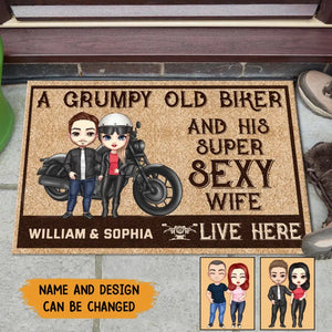 Personalized Couple Biker A Grumpy Old Biker And His Super Sexy Wife Live Here Doormat Printed KVH231161