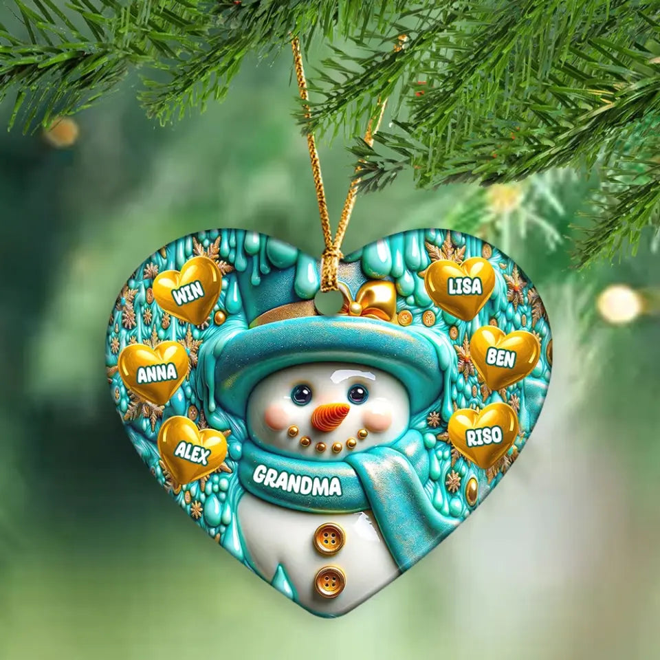 Personalized Grandma Snowman Heart with Kid Names 3D Wrap Bundle Heart Ceramic Ornament Printed HN231287