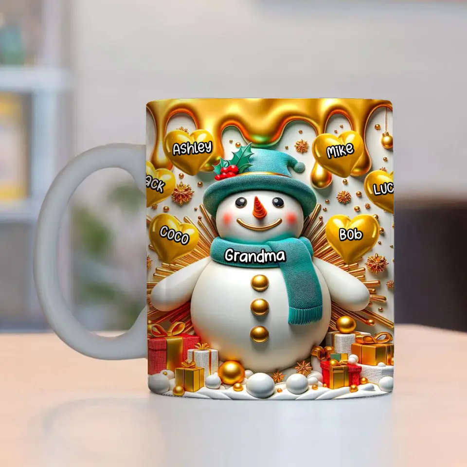 Personalized Grandma Snowman Hearts & Kid Names White Mug Printed VQ231292