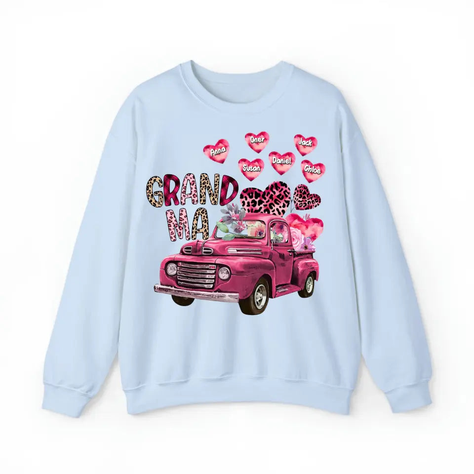 Personalized Grandma Heart Pink Car & Kid's Name Valentine's Day Gift Sweatshirt or Hoodie Printed HN24171