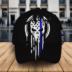 Personalized US Skull Blueline Retired Police Black Cap Printed QTKH24279