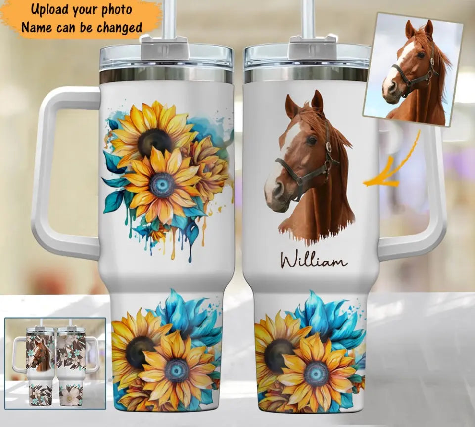Personalized Upload Your Horse Photo Flowers Horse Lovers Gift 40oz Matte Tumbler With Handle Printed HN24331