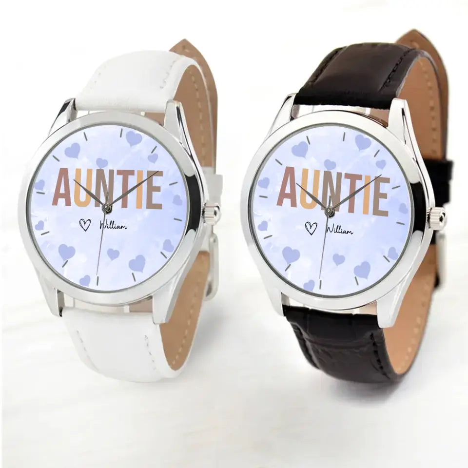 Personalized Auntie Mommy Heart with Kid Names Women Watch Leather Band Printed HN24592