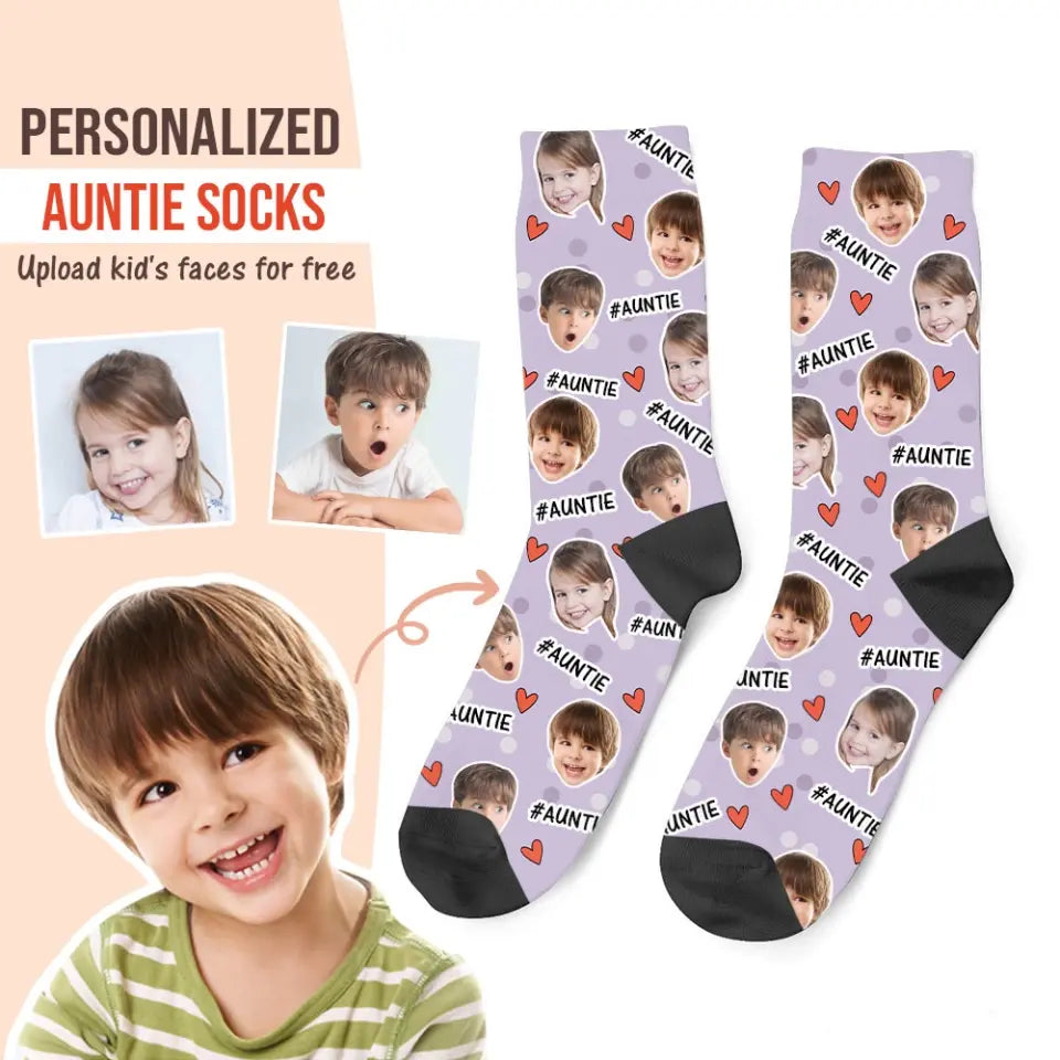 Personalized Upload Your Kid Photo Auntie Heart with Kid Image 3D Socks Printed HN24672