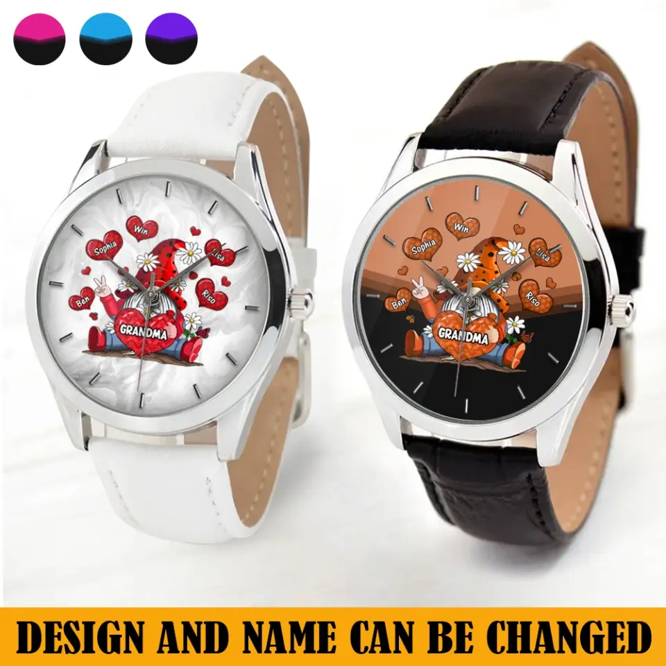Personalized Gnome Grandma Hearts With Kid Names Women Watch Leather Band Printed HN24800