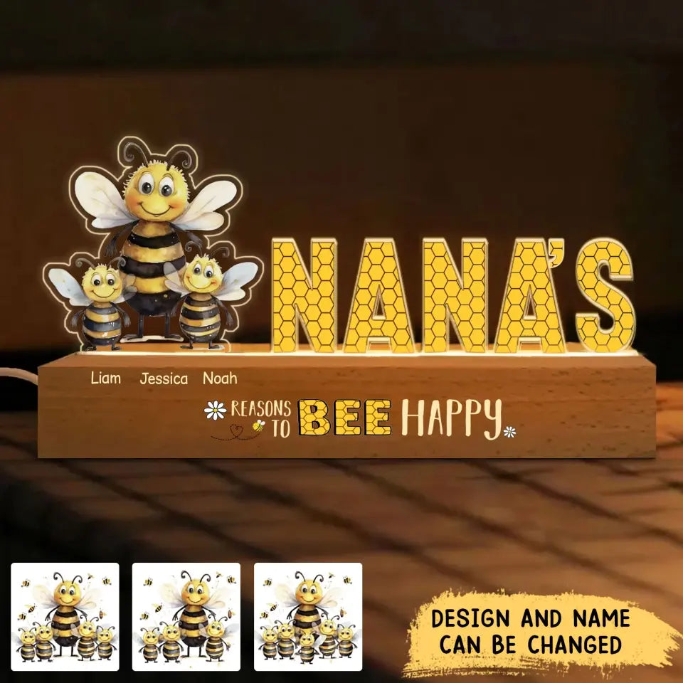 Personalized Reasons To Bee Happy Nana's Grandma Bee with Kid Names LED Lamp Night Light Printed VA24859