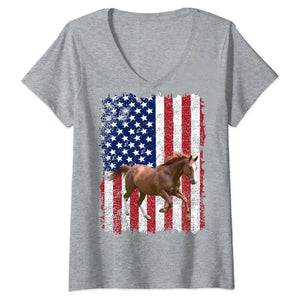 Personalized Upload Your Horse Photo US Flag V-neck T-shirt Printed HN24891