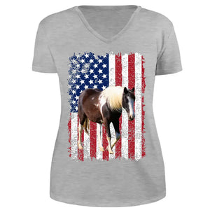 Personalized Upload Your Horse Photo US Flag V-neck T-shirt Printed HN24891