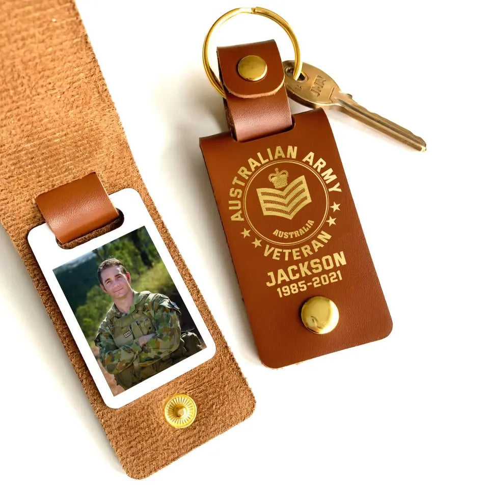 Personalized Upload Your Australian Veteran Photo Australian Army Custom Rank & Name Leather Keychain Printed KVH24944