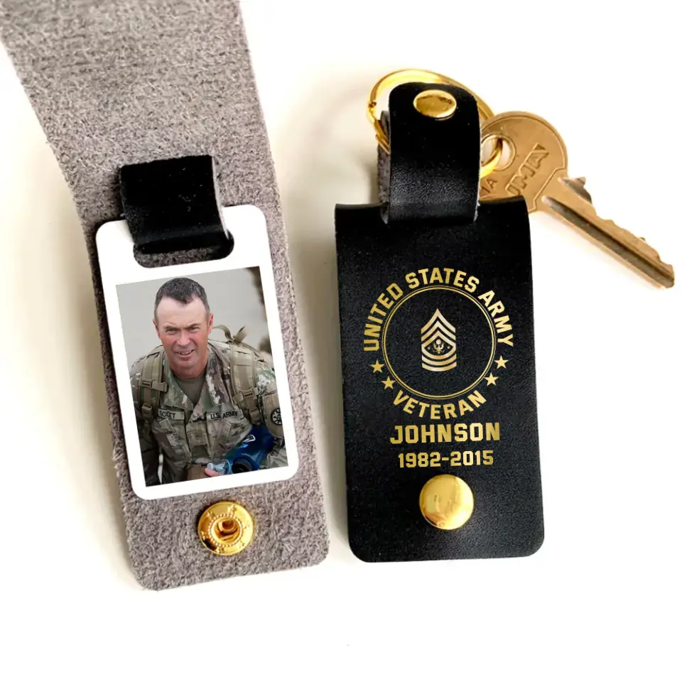 Personalized Upload Your US Veteran Photo US Army Custom Rank & Name Leather Keychain Printed KVH24944