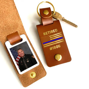 Personalized Upload Your Photo Retired US Police Custom ID Leather Keychain Printed KVH24950