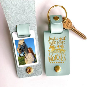 Personalized Upload Your Horse Photo Just A Girl Who Loves Horses Leather Keychain Printed HN24984