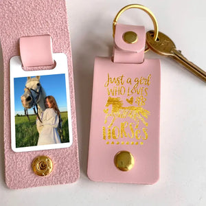 Personalized Upload Your Horse Photo Just A Girl Who Loves Horses Leather Keychain Printed HN24984