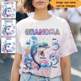 Personalized Grandma or Auntie Watercolor Dolphin & Kid Names 3D T-shirt Printed HN241049