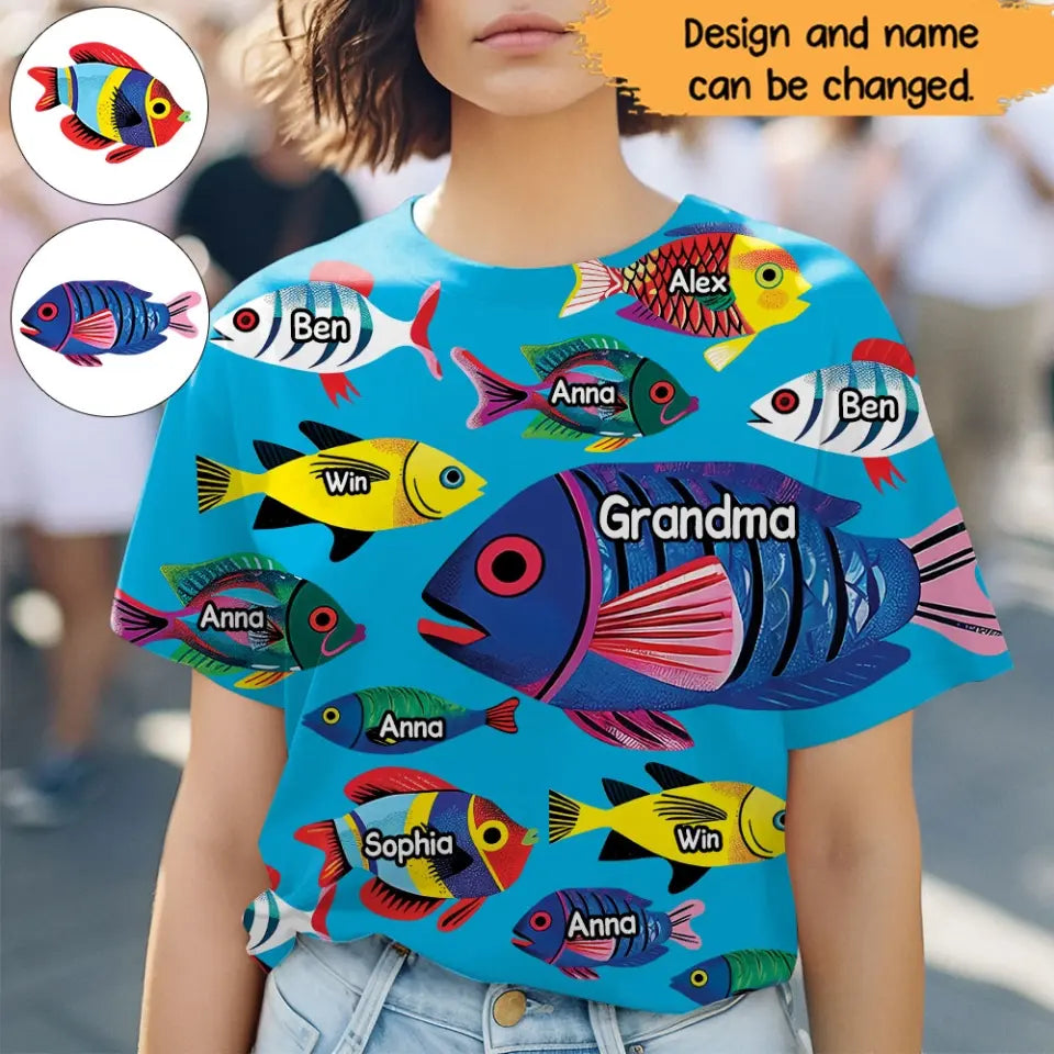 Personalized Grandma Fish With Kid Names Blue 3D T-shirt Printed HN241055