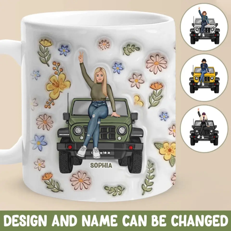 Personalized Jeep Girl with Flowers Custom Name White Mug Printed HN241073