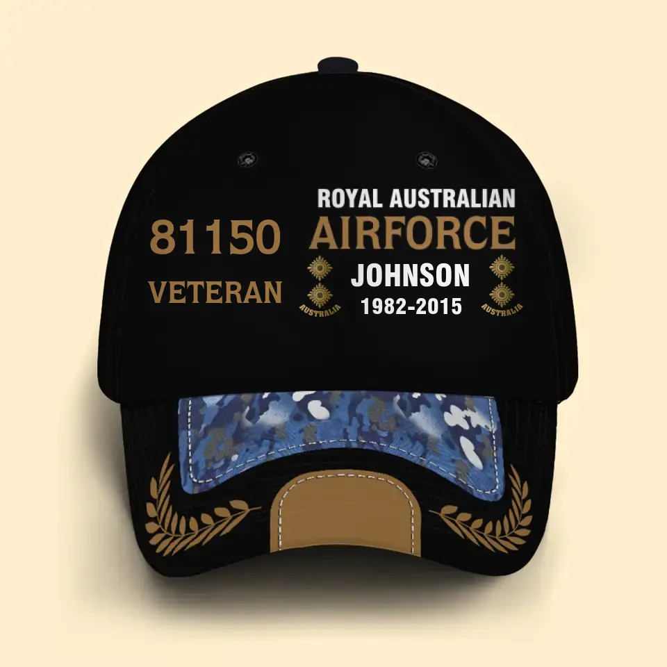 Personalized Australian Army Airforce Navy Veteran Rank Gold Custom ID, Name & Service Time Cap 3D Printed AHVQ241102