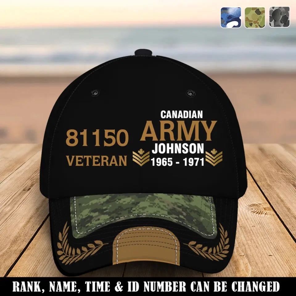 Personalized Canadian Army Airforce Navy Veteran Rank Gold Custom ID, Name & Service Time Cap 3D Printed AHVQ241102