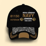Personalized Canadian Army Airforce Navy Veteran Rank Gold Custom ID, Name & Service Time Cap 3D Printed AHVQ241102