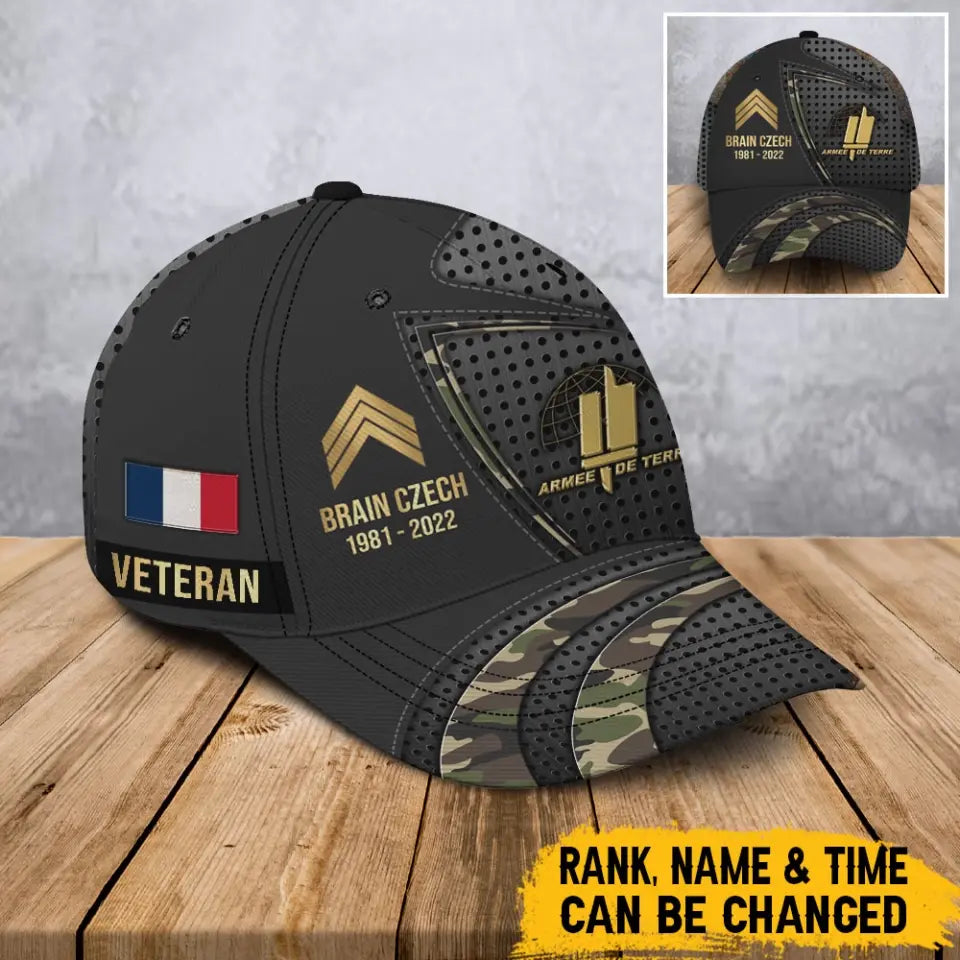 Personalized French Veteran Branch Logo Rank Gold Custom Name & Time Cap 3D Printed AHVA241112