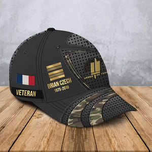 Personalized French Veteran Branch Logo Rank Gold Custom Name & Time Cap 3D Printed AHVA241112