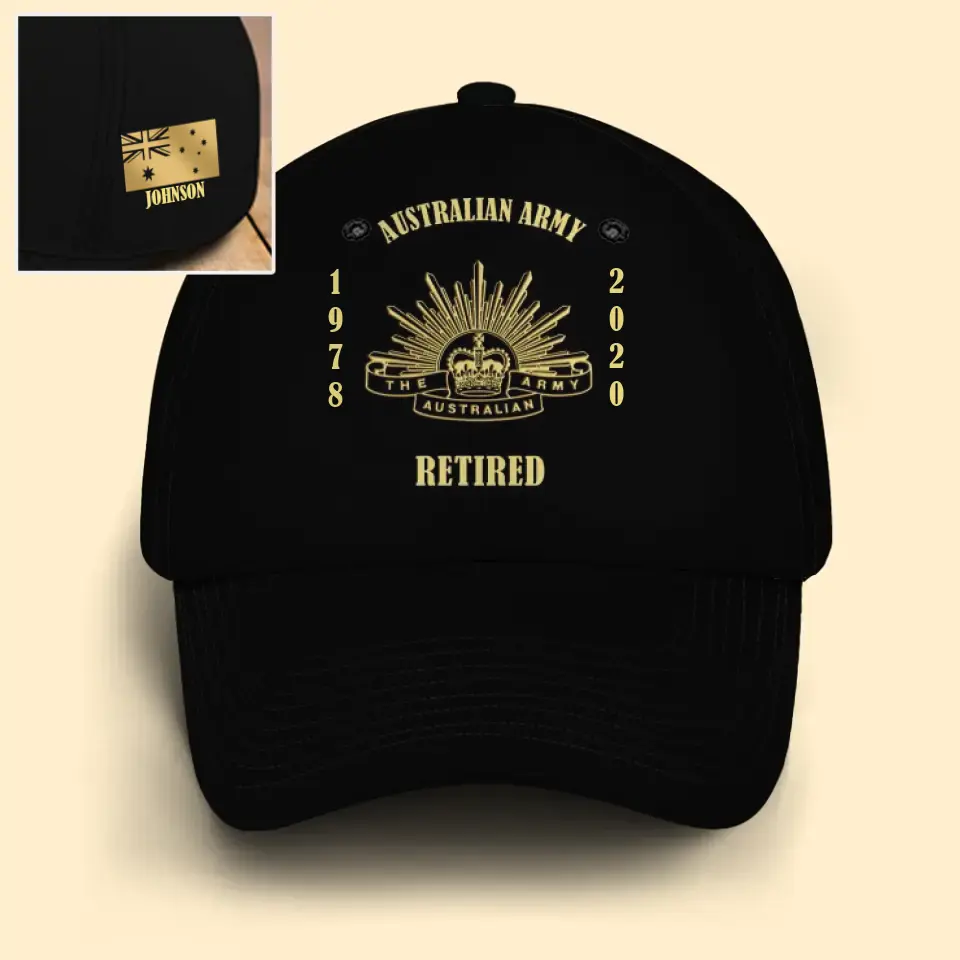 Personalized Australian Veteran Branch Logo Custom Time & Name Black Cap Printed QTVQ241152
