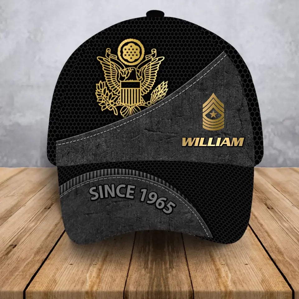 Personalized US Veteran Branch Logo Rank Gold Custom Name & Time Cap Printed AHVA241163