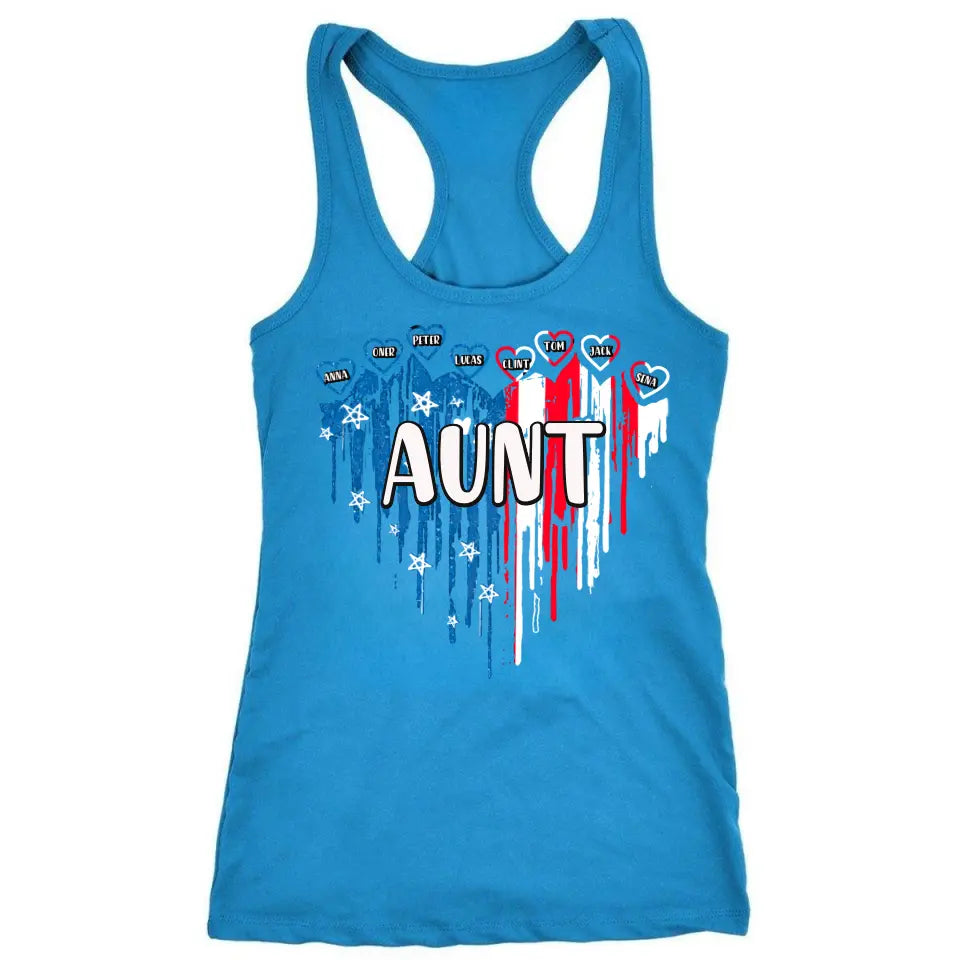 Personalized Aunt US Flag Heart & Kid Names  Independence Day 4th July Women's Ideal Racerback Tank Printed HN241393