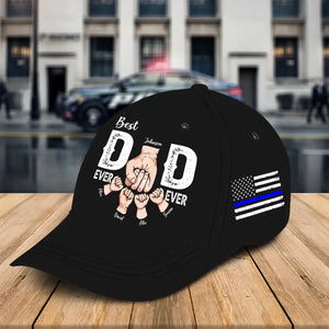 Personalized US Police Father Best Dad Ever Dad Hands & Kid Names Gift For Him For Fathers Black Cap 2D Printed QTHN241465