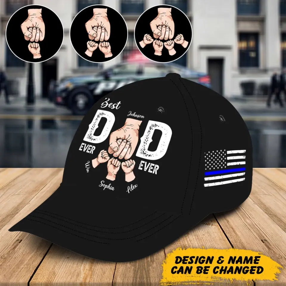 Personalized US Police Father Best Dad Ever Dad Hands & Kid Names Gift For Him For Fathers Black Cap 2D Printed QTHN241465