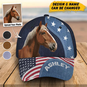 Personalized Upload Your Horse Photo US Flag Horse Lovers Gift Independence Day 4th July Gift Cap 3D Printed HN241533