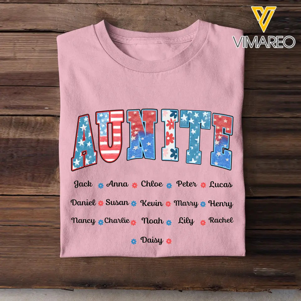 Personalized US Auntie Flowers & Kid Names Independence Day 4th July T-shirt Printed HN241536