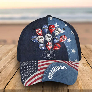 Personalized US Grandma Bunch of Balloons & Kid Names Independence Day 4th July Cap 3D Printed KVH241540