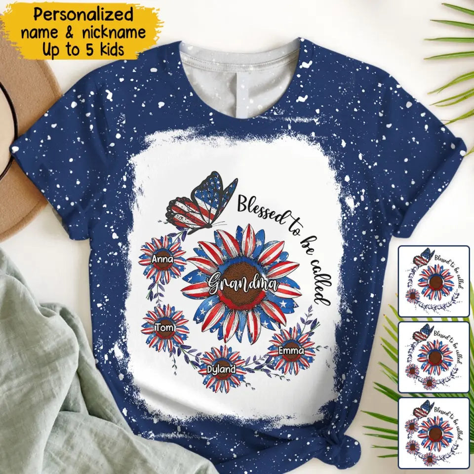 Personalized Blessed To Be Called Grandma Sunflowers US Flag & Kid Names Independence Day 4th July 3D T-shirt Printed LVA241555