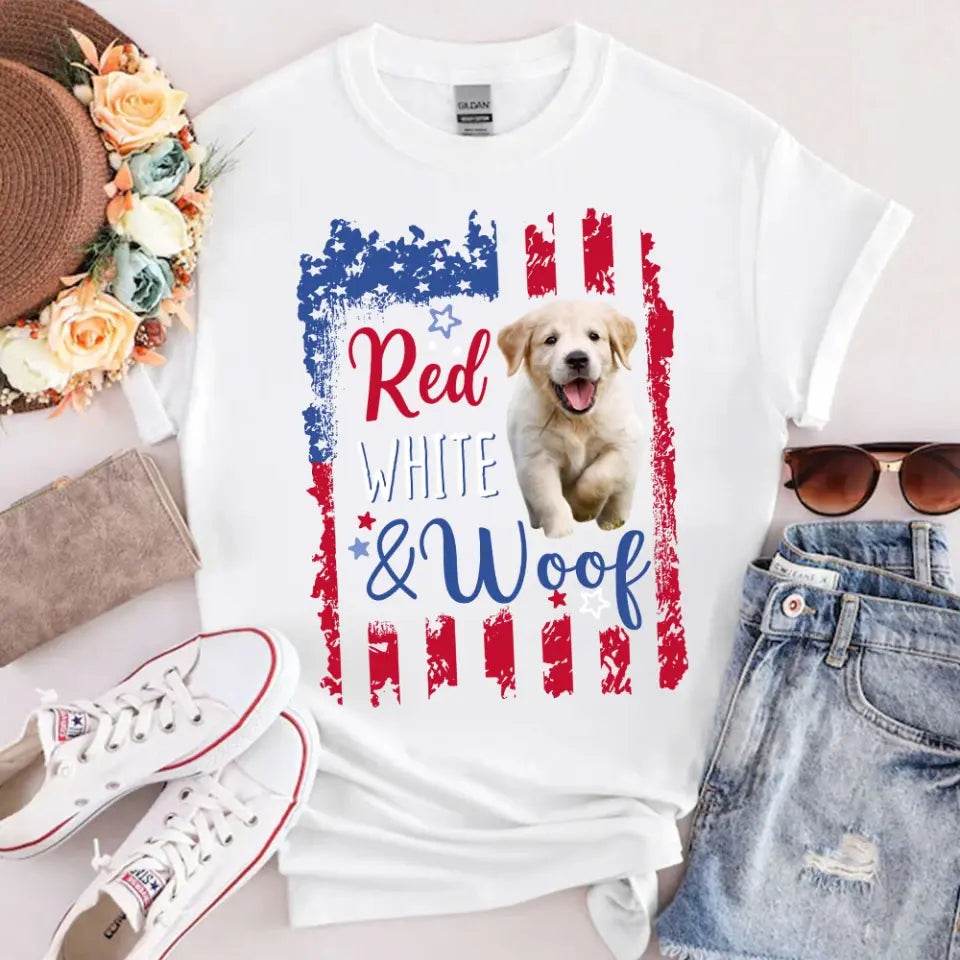 Personalized Upload Your Dog Photo Red White & Woof US Flag Independence Day 4th July Gift T-shirt Printed HN241567