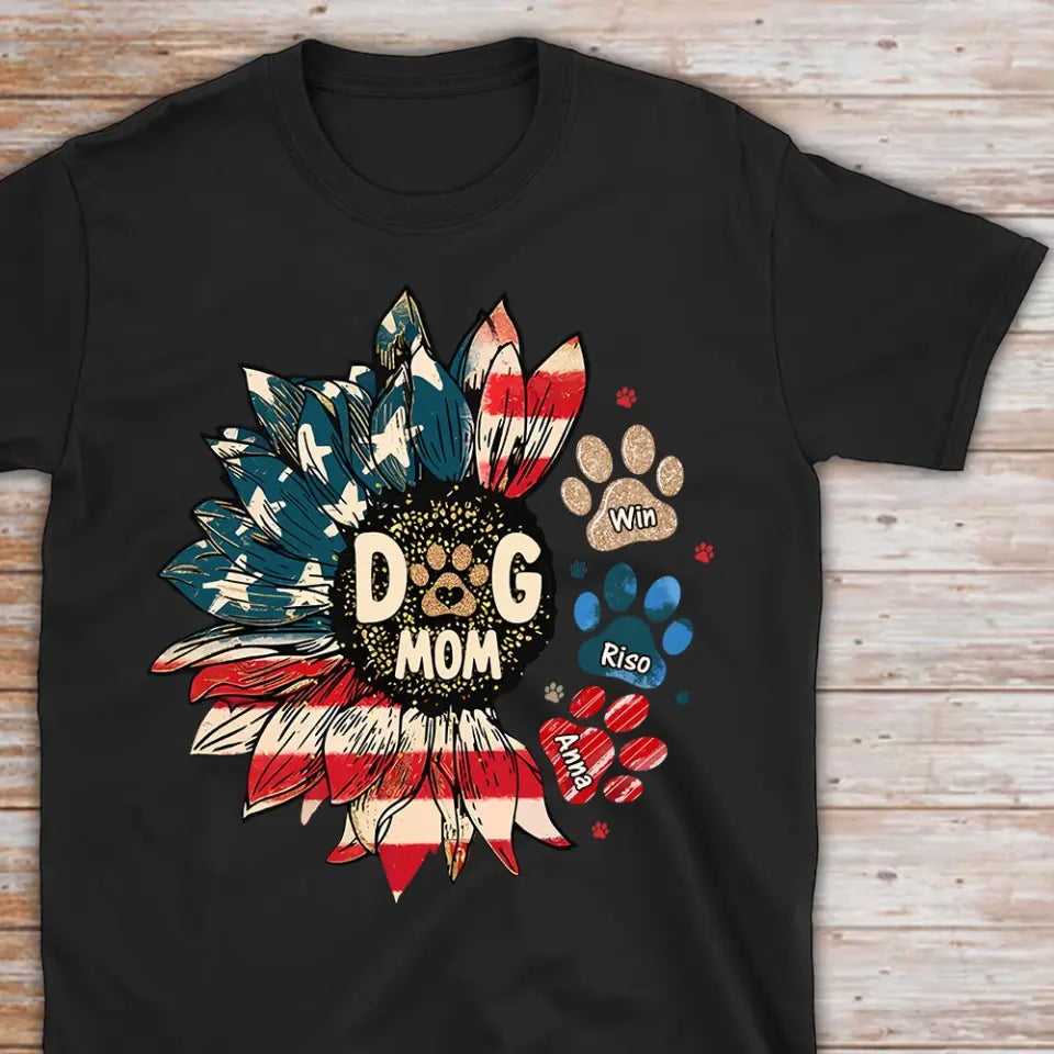 Personalized Dog Mom US Flag Sunflower Dog Paws Independence Day 4th July Gift T-shirt Printed HN241582