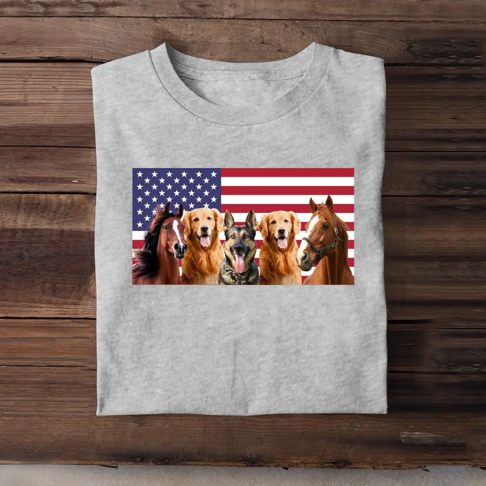 Personalized Upload Your Photo Horse & Dog US Flag Independence Day 4th July Gift T-shirt Printed HN241600