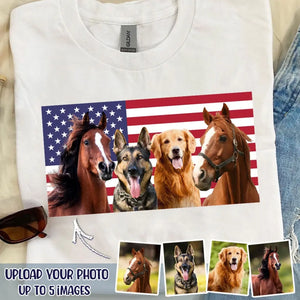 Personalized Upload Your Photo Horse & Dog US Flag Independence Day 4th July Gift T-shirt Printed HN241600