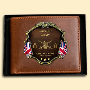 Personalized British Army Veteran Rank Gold Custom Name & Time Leather Wallet AHHN241611