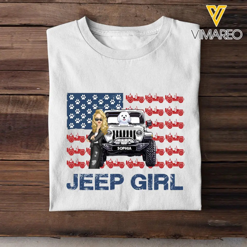 Personalized Jeep Girl & Dog US Flag Independence Day 4th July Gift T-shirt Printed VQ241657