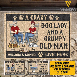 PERSONALIZED A CRAZY DOG LADY AND GRUMPY OLD MAN LIVE HERE  DOORMAT QTVQ0704