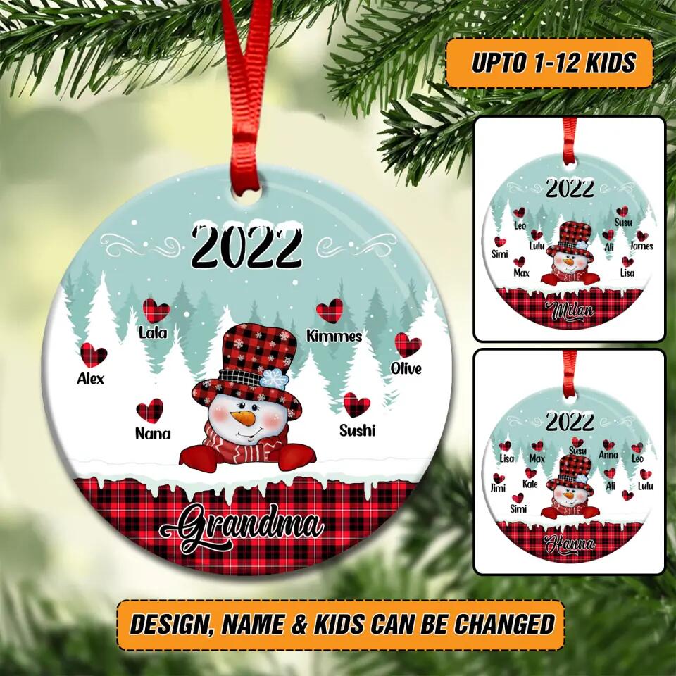 Personalized  Grandma Kid Name Snowman Heart Christmas Acrylic/Plastic Ornament Printed 22NOV-HY01