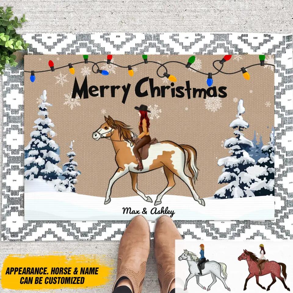 Personalized Merry Christmas Horse Riding Girl Doormat 22NOV-DT15