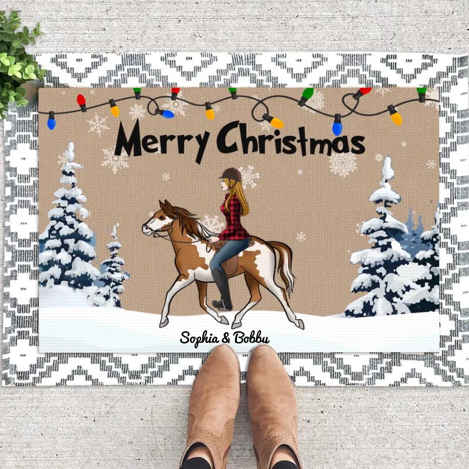 Personalized Merry Christmas Horse Riding Girl Doormat 22NOV-DT15