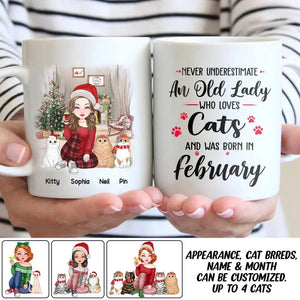 Personalized Never Underestimate An Old Lady Who Loves Cats And Was Born In February Printed Mug 22NOV-DT24