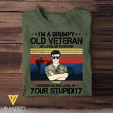 Personalized I'm A Netherland Grumpy Old Veteran My Level Sarcasm Depends On The Level Of Your Stupidity Printed Tshirts 23JAN-HQ14
